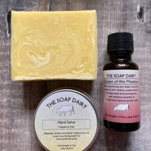 Skincare gift set of soap, hand salve and face oil on a wooden board